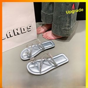 French Rhinestone Toe Slippers Womens Summer Outdoor Fashion Flat Bottom Beach Sandals Anti-Slip Low Heel PU Leather