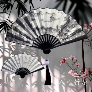 Handmade Bamboo Chinese Traditional Painting Double-Sided Silk Portable Mini Fan Portable Personal Fan for Daily Use