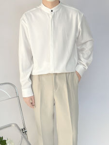 Luxurious White Long Sleeve Ice Silk Casual Loose Mens Shirt New Chinese Style Stand Collar No Ironing Required Autumn Wear