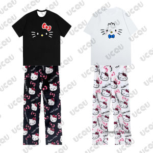 2Pcs Outfits Children Tracksuit Hello Kitty Print Autumn T Shirt+Pajamas Pant Set Casual Couple Suit Kids/Adult Oversize Clothes