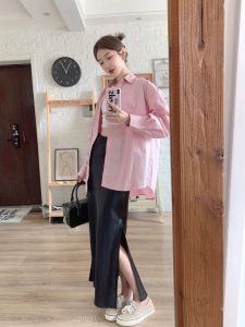 Elegant Satin Half Skirt Womens Autumn Winter New Simple Slimming Midi Split Wrap around Skirt Smooth Silk High Waist Long Skirt