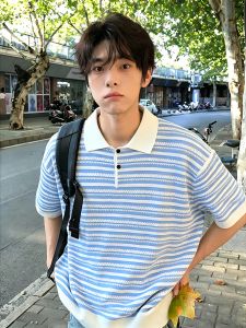 LIUBU | Vintage American Breathable Striped Polo Shirt Mens Summer Short Sleeve