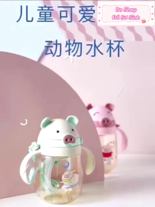 Bình nước tập uống cho bé 350ml hình heo dễ thương van hút 1 chiều chống sặc cho bé tay cầm tiện lợi
