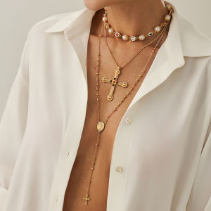Salircon 3Pcs/Set Vintage Colorful Crystal Chain Jesus Cross Pendant Necklace for Women Trendy Exquisite Clavicle Chain Jewelry