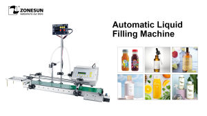 ZONESUN Liquid Filling Machine เครื่องบรรจุของเหลวความหนืดต่ำอัตโนมัติแบบตั้งโต๊ะเครื่องบรรจุขวดน้ำผลไม้พร้อมสายพานลำเลียง