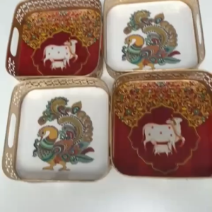 Pichwai Print Square Metal Tray 8 x 8 Inches | Peacock / Kamadhenu Print | Decorative Square Tin Tray for Festive Gifting | Navaratri | Diwali | Pack of 1
