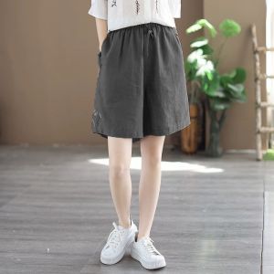 HUAXUNRAN | Summer High Waist Embroidered Straight Leg Shorts Cotton Linen