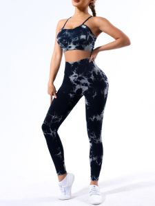 Tie-Dyed Seamless Exercise Fitness Clothes Sets Neck-ahoisted Yoga Pants And Sports Bra Suitable for Mat Gym Yoga Full-aoeu Fitness Gear