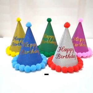 UMI Party Hats Happy Birthday Party Decoration Shine Cone Cap Plush ball Hat Kids Children Adult Hari Jadi Kanak Topi 生日帽