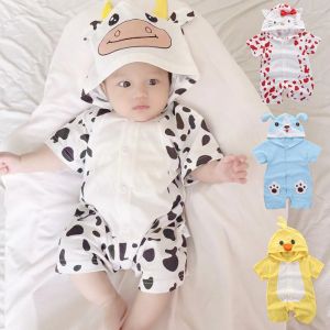 Summer New Cartoon Animal Tiger Puppy Baby Rompers Short Sleeve Jumpsuit Cute Newborn Hooded Boy Girl Clothes