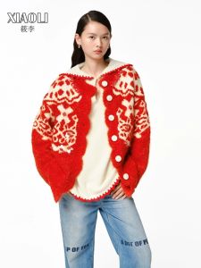New Year Red Knitted Sweater With 3D Flower Decoration