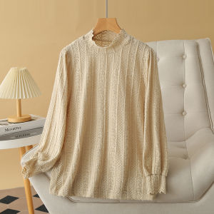 Áo Thun Nữ Tay Dài Cổ Cao Ren Phong Cách Hàn Quốc Mùa Xuân Thu Áo Sơ Mi Cơ Bản Cỡ Lớn Mới Về Chất Liệu Polyester