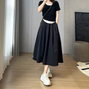 Black Umbrella Skirt Anti-Wrinkle Loose Midi Length Hiding Hip Large Swing A-Line Skirt for plus Size Women Autumn New Arrival