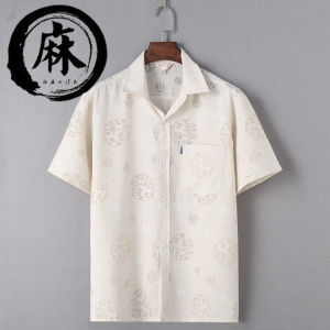 Men Cotton and Linen Short-Sleeved Shirt Mens 2024 Summer Linen Dads Shirt Loose Half-Sleeve Summer Wear Tops