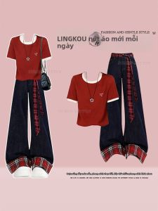 NUMEN BUTTON | Bộ Quần Áo Phong Cách Học Đường Dành Cho Người Mập Short Sleeve T-Shirt và Quần Jeans Ống Rộng