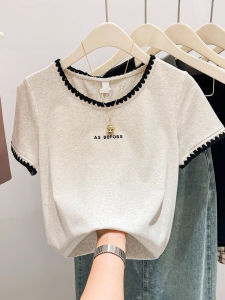 SHAXU | Floral Gray Letter Embroidery Regular Shoulder Short Sleeve T-shirt Loose Slimming Unique Fashionable Color Block Top