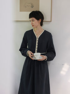 Solighter Pure Cotton Texture Dress V-neck Waist-cinched Midi Skirt Retro Style Long Sleeve Spring New French Vintage Dress