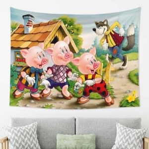VIKAMA Truyện Cổ Tích Hoạt Hình Tấm Thảm Ba Chú Heo Con & Sói Xấu Lớn Trang Trí Tường Polyester Trang Trí Phòng