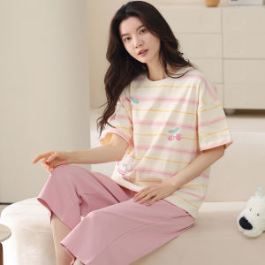 MiiOW | Pure Cotton Summer Sleepwear Short Sleeve Thin Model With Chest Pad Seven Pants Outdoor Wearable Home Clothes For Young Women