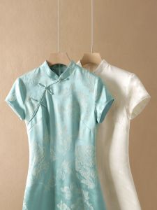 Elegant New Chinese Style Silk Dress Short Sleeve Evening Gown Qipao High End Summer Split Womens Fashion Luxury Dress