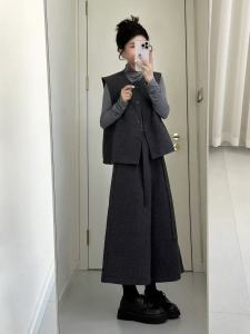 Korean Style High Waist Wide Leg Pants Three Piece Set Womens Fashion Sweater Vest Long Sleeve High Collar Slim Fit Base Shirt