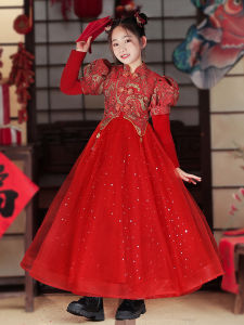 ชุดเดรสเจ้าหญิงสีแดง ชุดเด็กผู้หญิง ชุดฮันฟู ชุดฤดูใบไม้ร่วงและฤดูหนาว ชุดราตรี ชุดเด็ก ชุดเดรสยาวแขนยาว