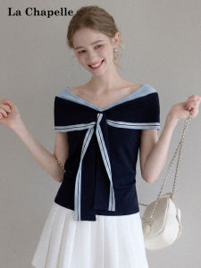 La Chapelle | Design Slimming Off-Shoulder Blue Short Sleeve Knit T-Shirt Top