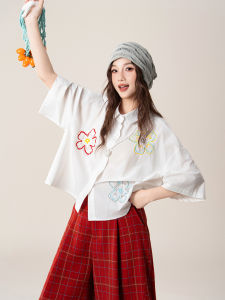 SHANGWEILUO | White Flower Embroidered Short Sleeve Blouse Loose Lazy Style