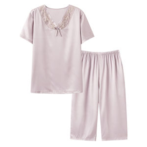 Miiow | Ice Silk Short Sleeve Sleepwear Set For Middle-Aged Mothers Comfortable Home Clothes V-Neck Bell Sleeve Seven-Foot Pants
