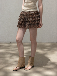 Cantonstory | Summer High Waist Floral Coffee Color Anti-exposure A-line Short Skirt