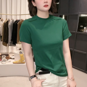 Slim Fit round Neck Short Sleeve T-Shirt Womens New Style 2025 Summer Fashion Pure Color Casual Versatile Cotton Top