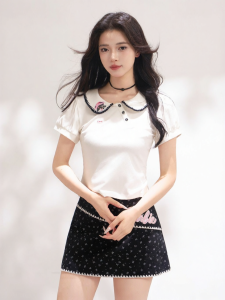 KEIKO | Cute Style White Collar Puff Sleeve T-Shirt Short Y2K Cartoon