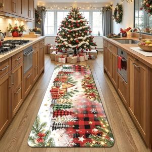 VIKAMA Christmas Red Black Plaid Kitchen Runner Rug Non Slip Oil Resistant Long Floor Mat for Hallway Home Holiday Decor