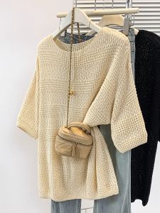 AIYITI | Summer Thin Lace Hollow Knit Short Sleeve Loose Large Size T-Shirt