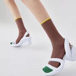 Retro Double Needle Color Block Mid-Calf Socks for Women Fashionable All-Match Trendy Socks Colorful Modern Ladies Stockings