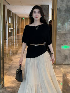 YUEZHONGWEI | French Irregular Shoulder Asymmetric Silk Feel Knitted Tshirt