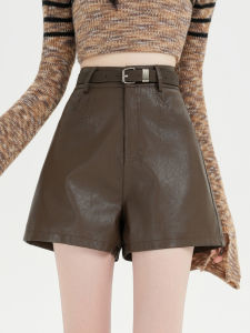 Quần Short Da PU Màu Nâu Cho Nữ Mùa Xuân Thu 2025 Quần Ống Rộng Cạp Cao Thường Ngày Cho Nữ Quần Ống Rộng