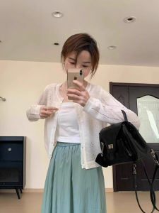 SHUQINGLAI | Áo Cardigan Mỏng Hở Dáng Mùa Hè Có Dây Kéo Chống Nắng Bằng Sợi Kẻ Sọc