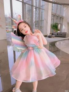 Girls Rainbow Skirt Dress Childrens Performance Costume Butterfly Wings Princess Dress Summer New Style Kids Fashion Dress