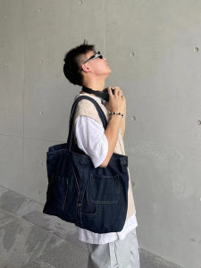 Yuen กระเป๋าช้อปปิ้งแบบหิ้วแนววินเทจกระเป๋าผ้าใบผ้ายีนส์ความจุใหญ่กระเป๋าสะพายไหล่สะพายข้างใบใหญ่แฟชั่นสำหรับนักเรียนชายและหญิงใส่ไปเรียน