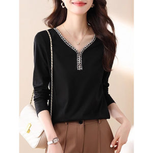 WANGGONGZHU | Elegant Long Sleeve T-Shirt Womens Fashionable Ageless Design Korean Style Loose Fit Pure Color V-neck Top For Autumn