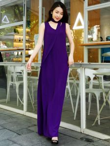 Elegant Long Purple Summer Dress Floor-Length Loose Womens Vest Dress V-Neck Backless Skirt High Waist Midi Dress