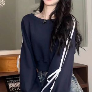 Plus Size Bow Casual Retro Long Sleeves Sweatshirt Female 2024 New Arrival Fall Chubby Girl Flab Hiding Slimming Stripes Tops