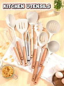 LOCAUPIN Elegant Silicone Cooking Utensil Set with Wooden Handles - Non-Stick Heat-Resistant Kitchen Tools Bundle