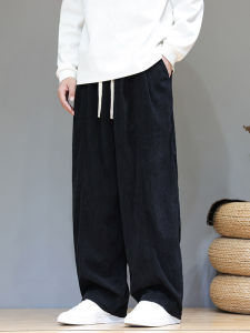 Black Corduroy Wide Leg Pants Mens Autumn Winter Loose Fit Lazy Style Floor Length Trousers Harajuku Style High Waist Elastic Waistband