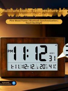 Hense | Bluetooth Synchronized Wooden Simple Digital Clock Humidity and Temperature Display Calendar Alarm