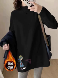 เสื้อยืดแขนยาวผู้หญิงฤดูใบไม้ร่วง/ฤดูหนาว ทรงหลวม ไซส์ใหญ่ ความยาวปานกลาง คอตั้งครึ่งตัว เสื้อชั้นใน