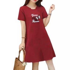 ชุดเดรสทรงหลวมแขนสั้นพิมพ์ลายชุดยาวปานกลางสำหรับฤดูร้อนชุดสีดำ