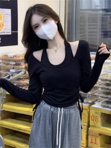 สไตล์ Pure Desire ผู้หญิง เสื้อยืดแขนยาวถัก สลิมฟิต คอวี เชือกรูด สั้น เสื้อท่อนบน เสื้อฐาน ฤดูใบไม้ร่วง ฤดูหนาว แฟชั่น