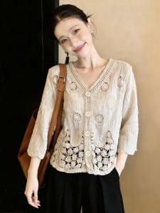 SHUAIYUE | Áo Cardigan Knit V-Neck Tay Ba Phân Có Thêu Ren